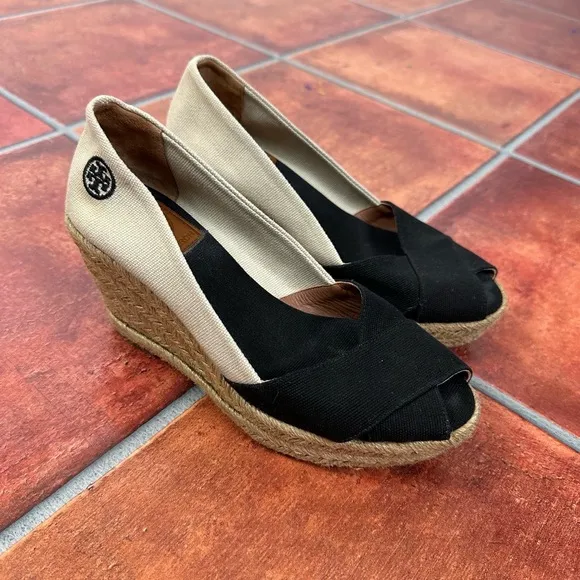 Tory Burch Peep Toe Espadrille Wedges Size 6