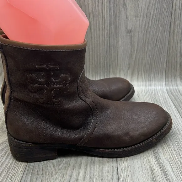 Tory Burch Simone Brown Distressed Leather Ankle Boot Bootie Shoes Size …