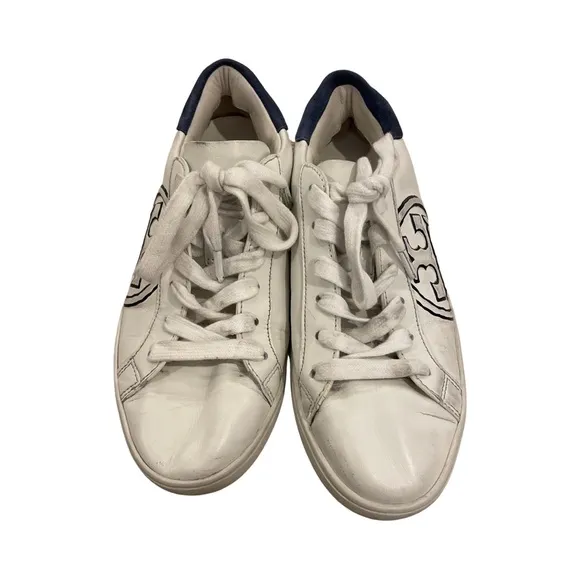 Tory Burch T- Logo White Navy Blue Sneakers Tennis Shoes Size 6