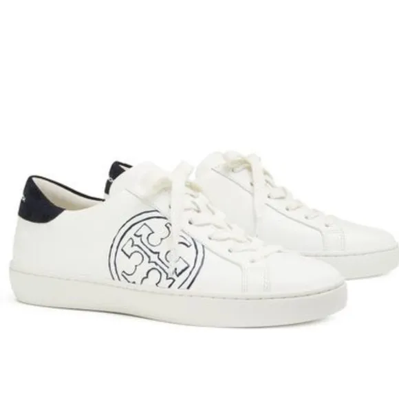 Tory Burch T- Logo White Navy Blue Sneakers Tennis Shoes Size 6
