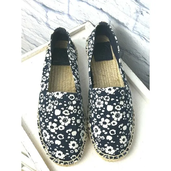 Tory Burch Women Risa Sz 7.5 Navy White Floral Shoe Espadrille Canvas Slip On R4