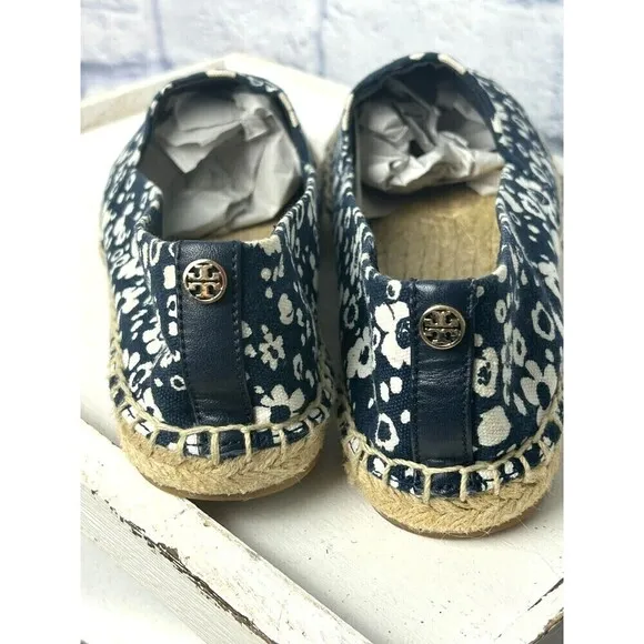 Tory Burch Women Risa Sz 7.5 Navy White Floral Shoe Espadrille Canvas Slip On R4