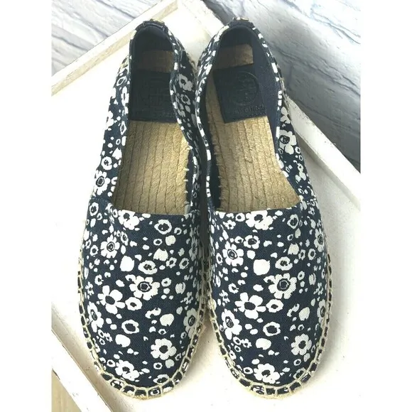 Tory Burch Women Risa Sz 7.5 Navy White Floral Shoe Espadrille Canvas Slip On R4