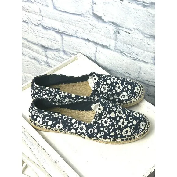 Tory Burch Women Risa Sz 7.5 Navy White Floral Shoe Espadrille Canvas Slip On R4