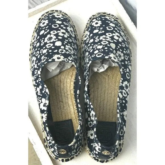Tory Burch Women Risa Sz 7.5 Navy White Floral Shoe Espadrille Canvas Slip On R4