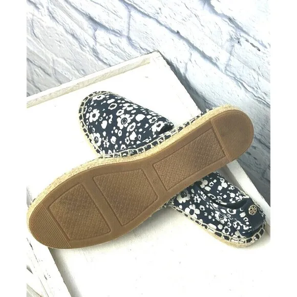Tory Burch Women Risa Sz 7.5 Navy White Floral Shoe Espadrille Canvas Slip On R4