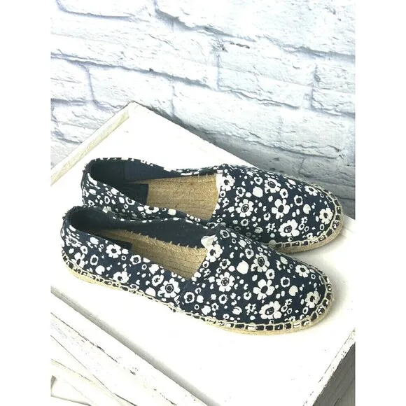 Tory Burch Women Risa Sz 7.5 Navy White Floral Shoe Espadrille Canvas Slip On R4