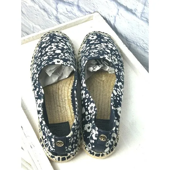 Tory Burch Women Risa Sz 7.5 Navy White Floral Shoe Espadrille Canvas Slip On R4