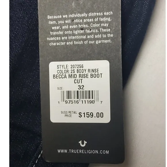 True Religion Womens Becca Mid-Rise Bootcut Jean Body Rinse Size 32 NWT