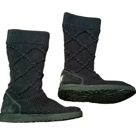 UGG Australia | Classic Argyle Sweater Knit | Tall Black Boots | Women | Size: 7