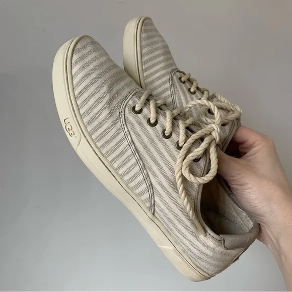 UGG AUSTRALIA Eyan Nautical WomansLace Up Canvas Gray Striped Tennis Shoes