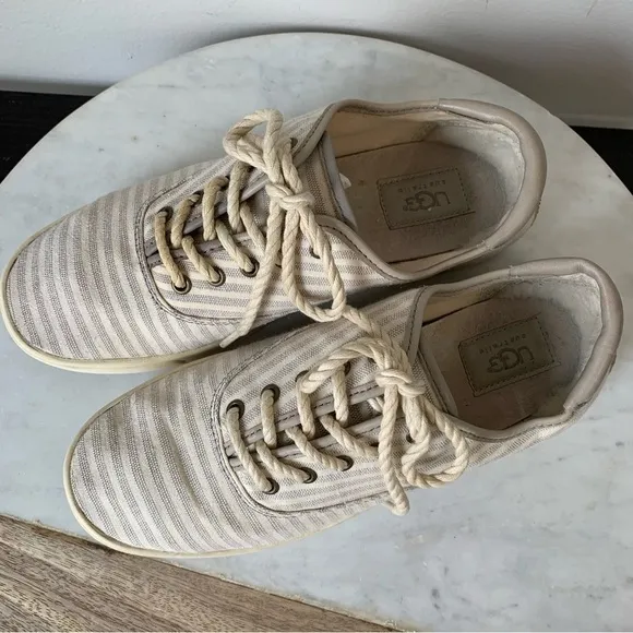 UGG AUSTRALIA Eyan Nautical WomansLace Up Canvas Gray Striped Tennis Shoes