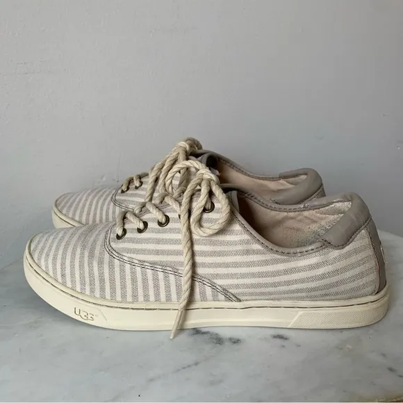 UGG AUSTRALIA Eyan Nautical WomansLace Up Canvas Gray Striped Tennis Shoes