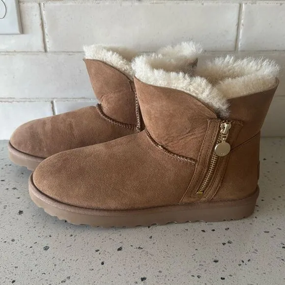 UGG Bailey Zip Mini Boots Chestnut Ankle Booties Warm Casual Women’s Size 9 NWOB