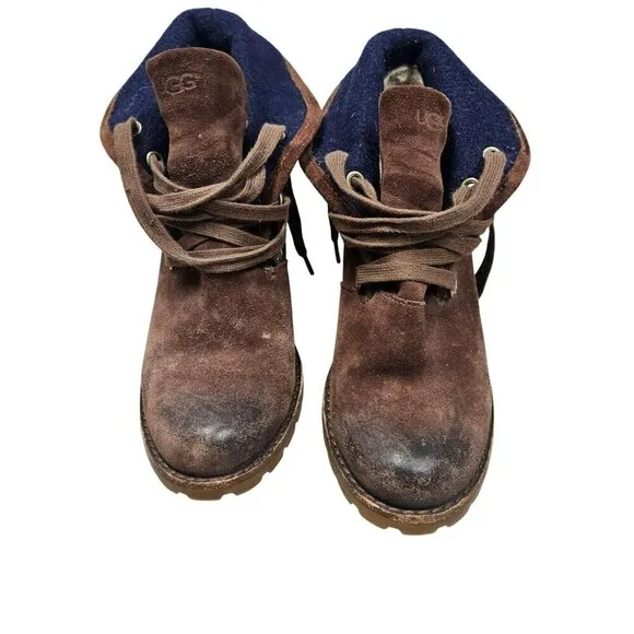 Ugg Chocolate Brown Suede Leather Heeled Ankle Boots Sz 7 Wool Sheepskin Warm