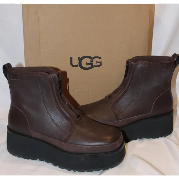 UGG CITYFUNC ZIP BURNT CEDAR LEATHER WATERPROOF ZIP WOMEN'S BOOTS US 7 BROWN