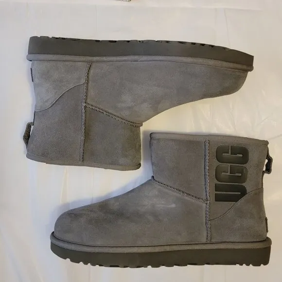 UGG Classic Mini Logo Boots Womens 11 Gray Suede Warm Cozy Shearling Classic