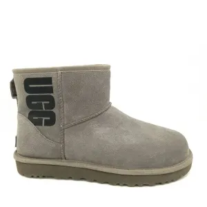 UGG Classic Mini Logo Boots Womens 11 Gray Suede Warm Cozy Shearling Classic