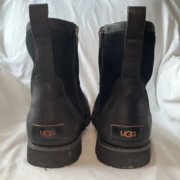 UGG Hendren Boots Mens Black Leather Shearling Insulated Side Zip Size US 13