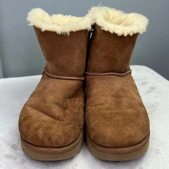 UGG Mini Bailey Bow II Boots 9 Women Chestnut Tan Suede Sherpa Lined 1016501