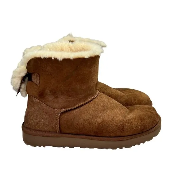 UGG Mini Bailey Bow II Boots 9 Women Chestnut Tan Suede Sherpa Lined 1016501