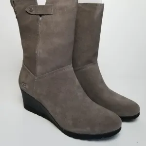 UGG POTRERO GRAY LEATHER WEDGE WATERPROOF BOOTS 12 NWB