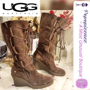 UGG VINTAGE UGG lace up SHERLING RUBBER WEDGE HEEL BOOTS