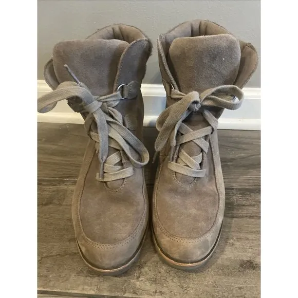 UGG Waterproof Suede Wedge‎ Ankle Boots Lace-up Winter Booties in Taupe Grey