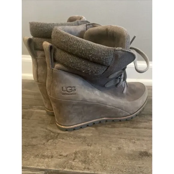 UGG Waterproof Suede Wedge‎ Ankle Boots Lace-up Winter Booties in Taupe Grey