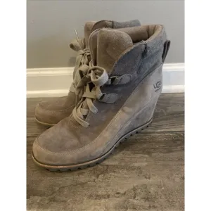 UGG Waterproof Suede Wedge‎ Ankle Boots Lace-up Winter Booties in Taupe Grey