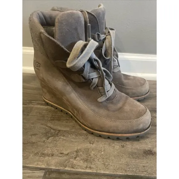 UGG Waterproof Suede Wedge‎ Ankle Boots Lace-up Winter Booties in Taupe Grey