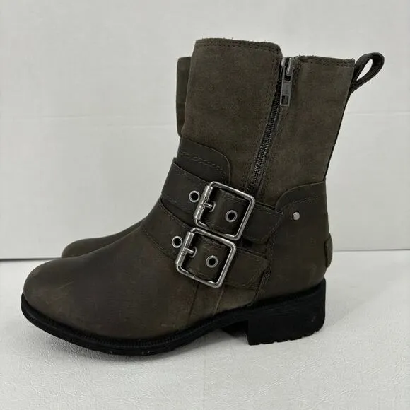 UGG Wilde Moto Buckle Boots Women's Size 5.5 Waterproof Leather Suede Wool
