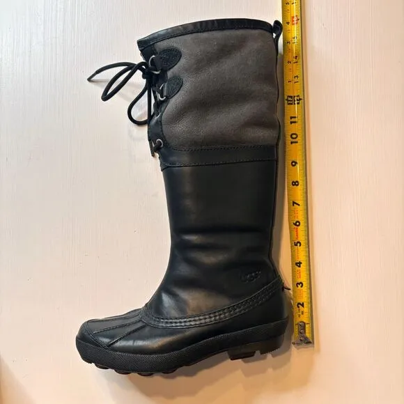 UGG Women's Belcloud Tall‎ Waterproof Black Leather Duck Boots Sherpa Lined Sz 7