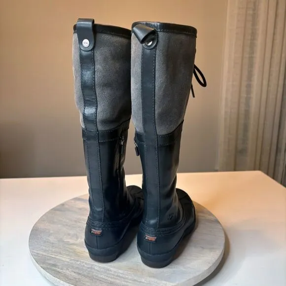 UGG Women's Belcloud Tall‎ Waterproof Black Leather Duck Boots Sherpa Lined Sz 7