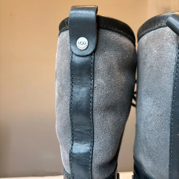 UGG Women's Belcloud Tall‎ Waterproof Black Leather Duck Boots Sherpa Lined Sz 7