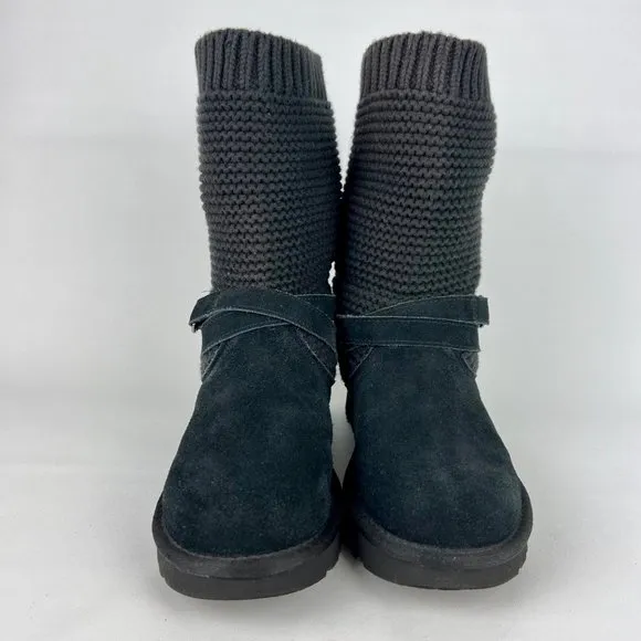 UGG Womens Purl Strap Boot 1098080 Black Suede Knit Cuff Wool Lined size 6