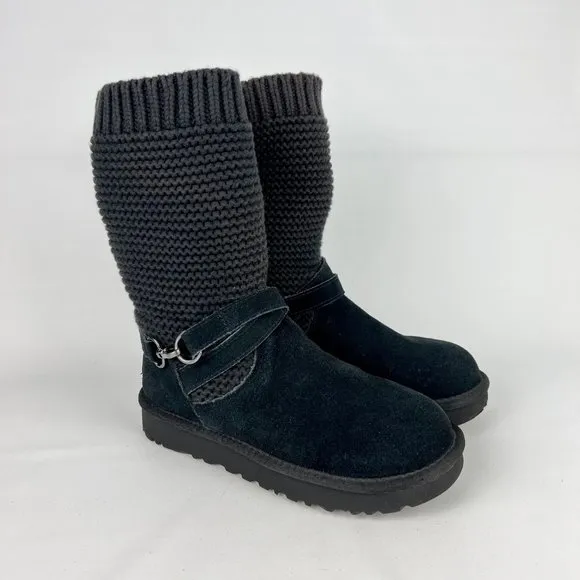 UGG Womens Purl Strap Boot 1098080 Black Suede Knit Cuff Wool Lined size 6