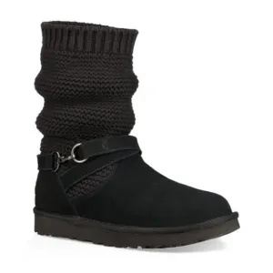 UGG Womens Purl Strap Boot 1098080 Black Suede Knit Cuff Wool Lined size 6