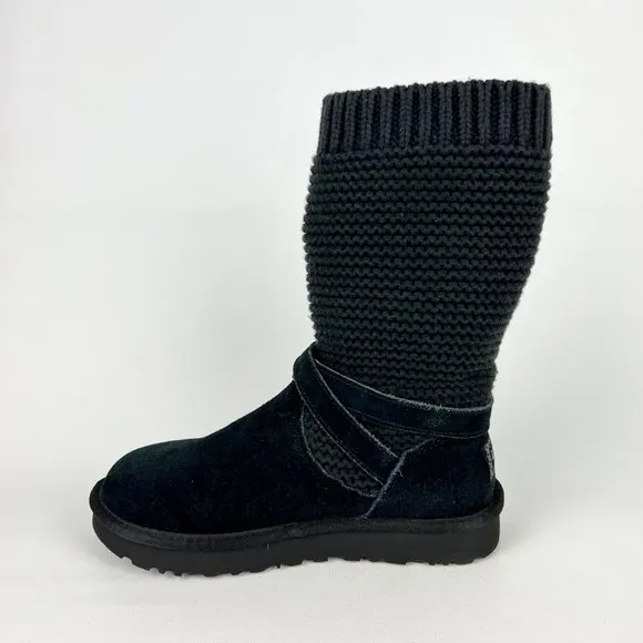 UGG Womens Purl Strap Boot 1098080 Black Suede Knit Cuff Wool Lined size 6