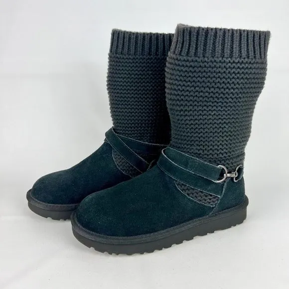 UGG Womens Purl Strap Boot 1098080 Black Suede Knit Cuff Wool Lined size 6