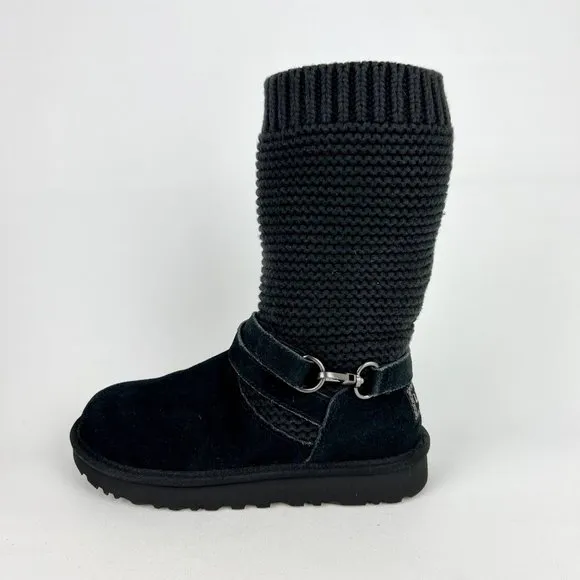 UGG Womens Purl Strap Boot 1098080 Black Suede Knit Cuff Wool Lined size 6