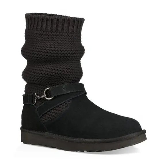 UGG Womens Purl Strap Boot 1098080 Black Suede Knit Cuff Wool Lined size 6