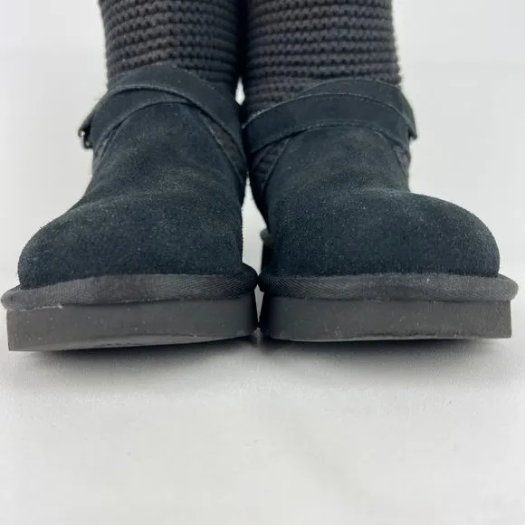 UGG Womens Purl Strap Boot 1098080 Black Suede Knit Cuff Wool Lined size 6