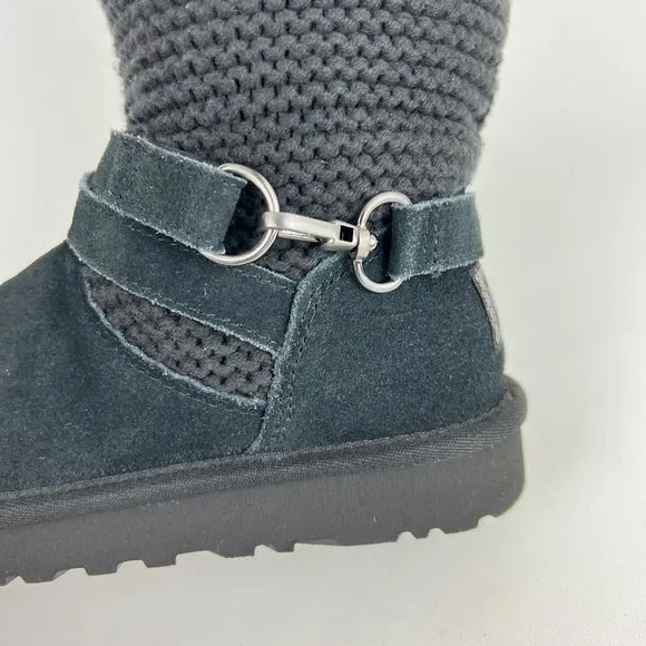 UGG Womens Purl Strap Boot 1098080 Black Suede Knit Cuff Wool Lined size 6
