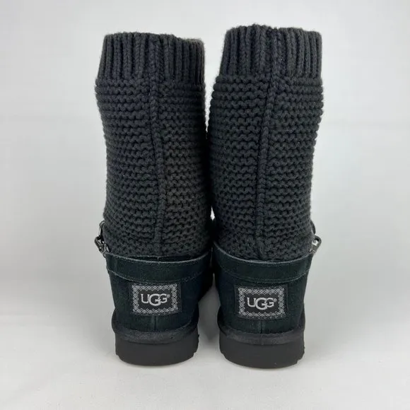 UGG Womens Purl Strap Boot 1098080 Black Suede Knit Cuff Wool Lined size 6