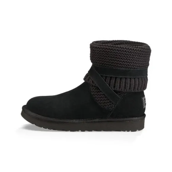 UGG Womens Purl Strap Boot 1098080 Black Suede Knit Cuff Wool Lined size 6