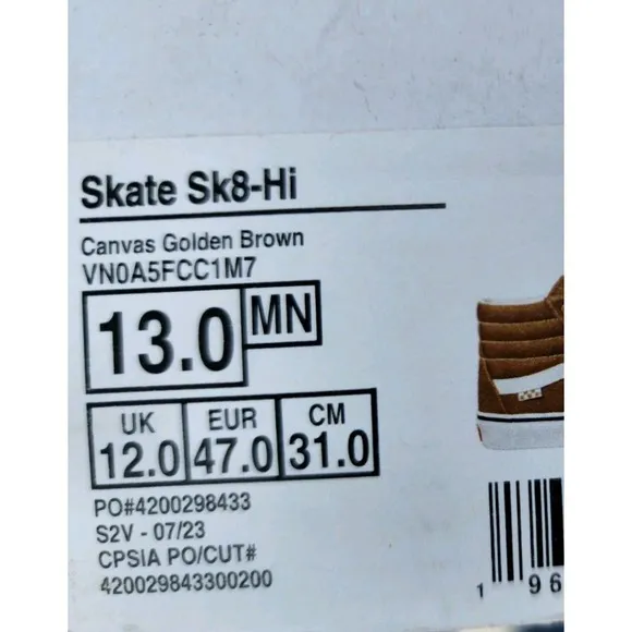 Vans Men Skate Sk8-Hi Golden Brown Wheat White BMX Popcush Canvas shoes Sz 13