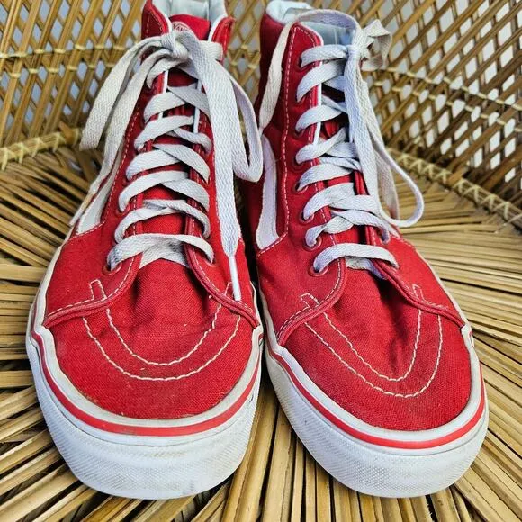Vans Sk8-Hi Canvas Leather High Top Sneakers Men's 8.5 Red White
