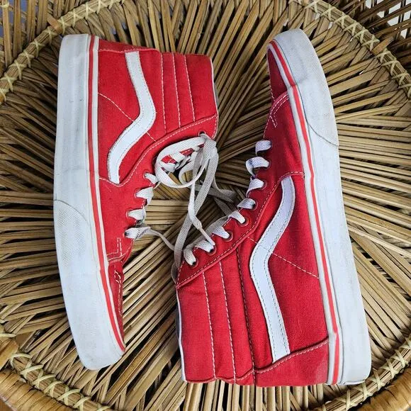 Vans Sk8-Hi Canvas Leather High Top Sneakers Men's 8.5 Red White