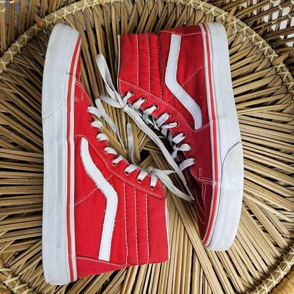 Vans Sk8-Hi Canvas Leather High Top Sneakers Men's 8.5 Red White